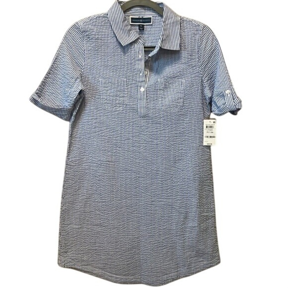 Karen Scott‎ Seersucker Woven Dress Blue White Stripe Button Neck Pet SM